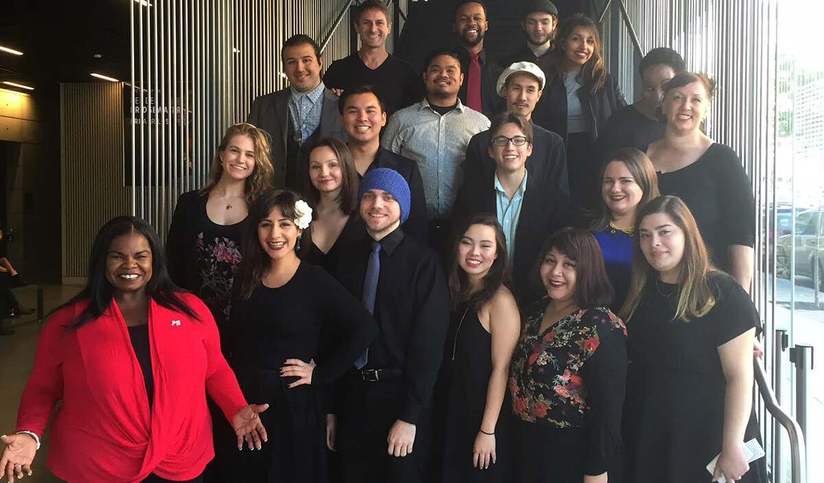 Photo of SF State Jazz Choir on a flight of stairs